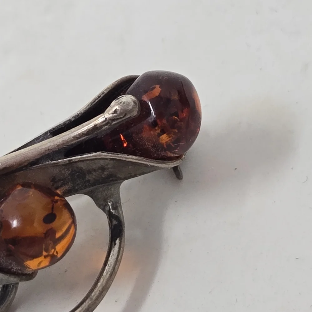 Vintage Sterling Silver 925 Baltic Amber 2” Calla Lily Floral Brooch Pin - Picture 3 of 11
